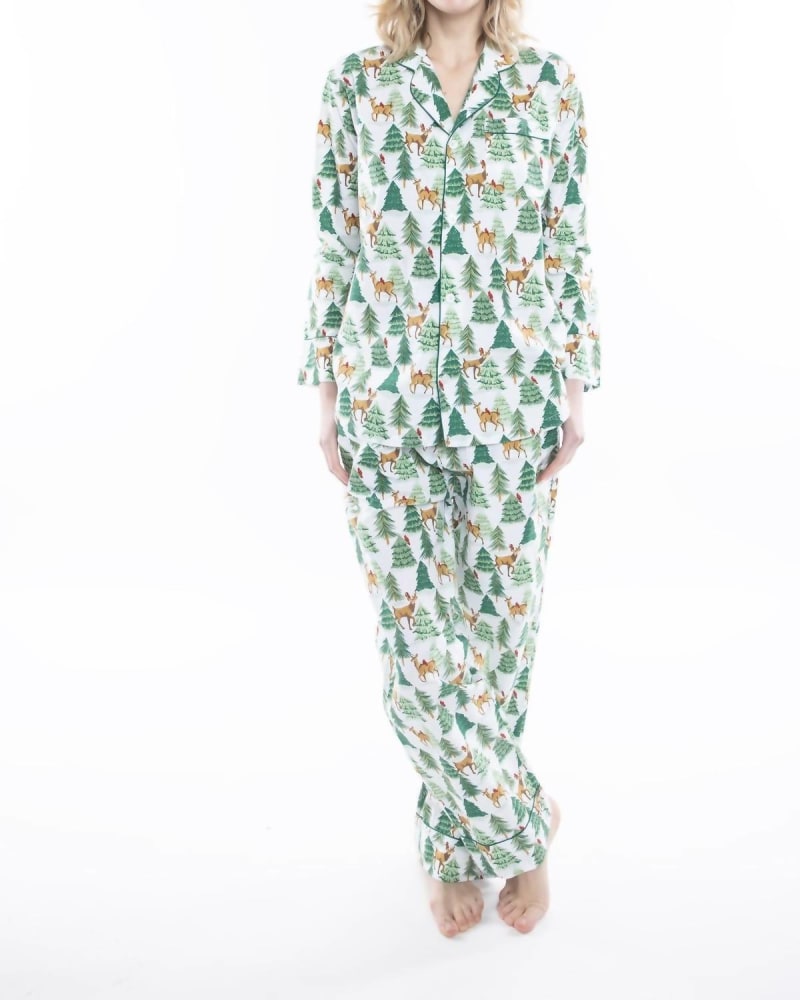 Front of a model wearing a size L Deer Jamas Long Sleeve Pajama Set in White in White by Denise Rae. | dia_product_style_image_id:343743